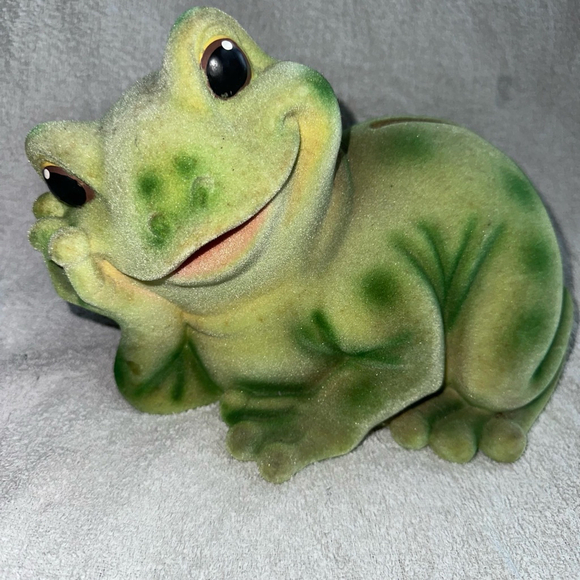 Unbranded Other - RARE Vintage 1970s Smiling Frog Toad Piggy Bank 9" Green Flocked Ceramic